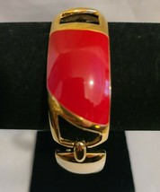 Vintage Signed Monet Gold Tone Cream and Red Enamel Wide Link Bracelet - £62.90 GBP