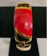 Vintage Signed Monet Gold Tone Cream and Red Enamel Wide Link Bracelet - $79.99