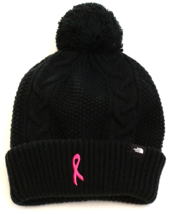 The North Face Black Pink Ribbon Cable Knit Cuff Pom Beanie Women&#39;s One ... - £54.57 GBP