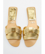 ZARA BNWT 2022. GOLD FLAT LEATHER CRISS CROSS STRAP SANDALS. 2600/710 - $67.40