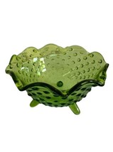 Vintage Hobnail Green Glass 3 Legged Toed Bowl Crimped Ruffled Rim  - £19.38 GBP