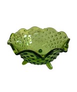 Vintage Hobnail Green Glass 3 Legged Toed Bowl Crimped Ruffled Rim  - $33.90 CAD