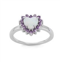 Sterling Silver White Inlay Opal Heart with Amethyst CZ Border Ring - £44.31 GBP