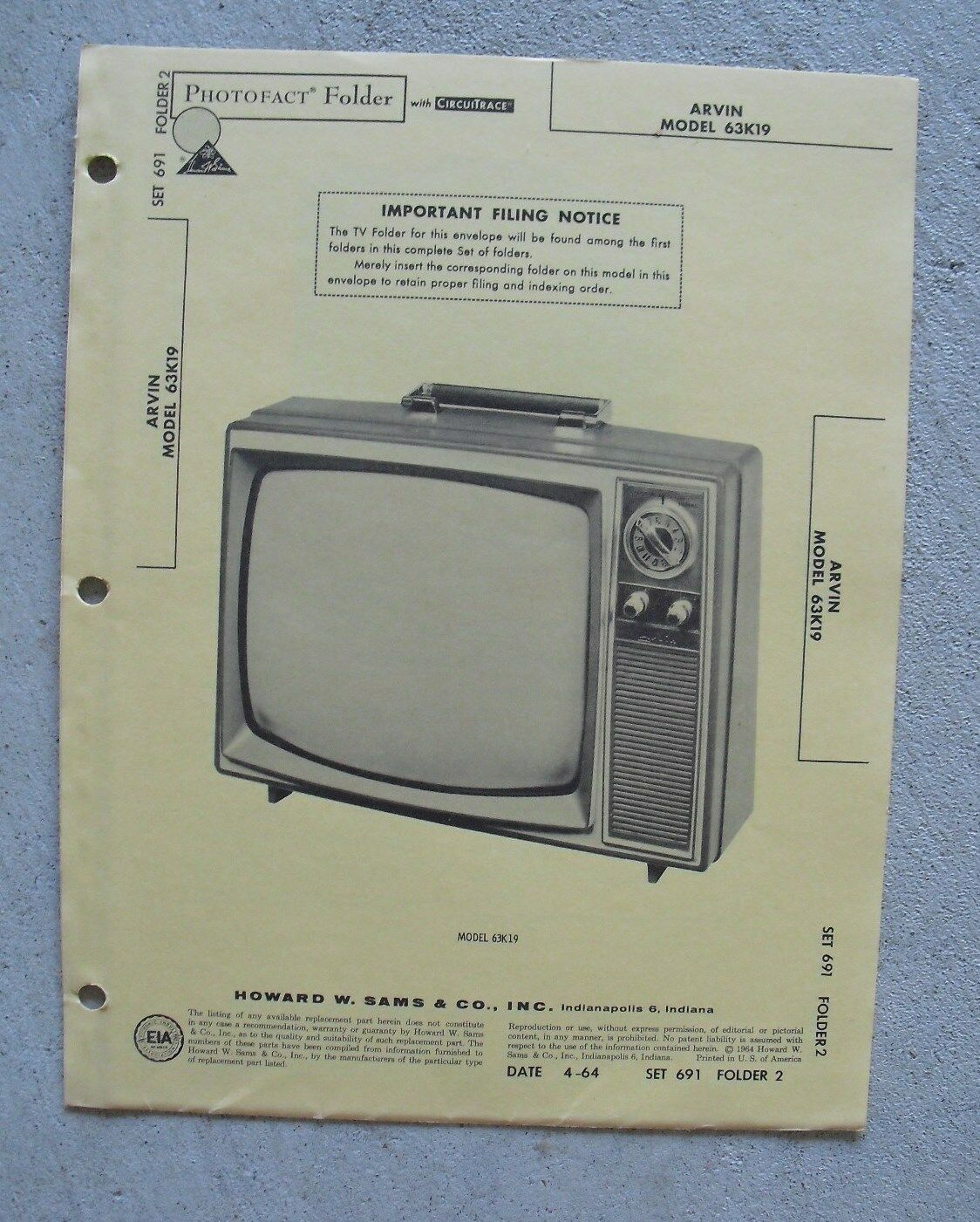 Vintage 1964 Booklet - Howard Sams Television Service Arvin Model 63K19 - $16.83