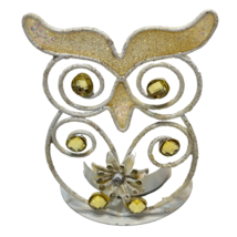 Vintage Owl Tealight Candle Holder Metal Rhinestone Glitter Floral White... - $18.54