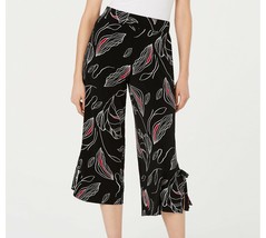 Alfani Women M Black Line Leaf Print Pockets Tie Hem Elastic Cropped Pants NWT - £10.12 GBP