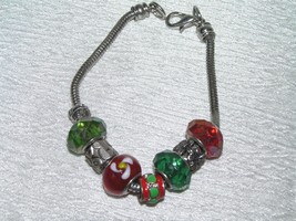 Estate Silvertone Snake Chain w European Style Green &amp; Red Plastic Glass Charm - £8.30 GBP