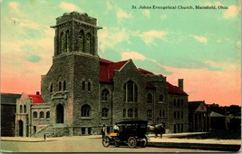 Vtg Postcard 1912 Mansfield OH Ohio St. Johns Evangelical Church Street View Car - £3.11 GBP