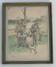 William Thomas Smedley 1891 Color Engraving 2 Men Lunch Break Jack Russe... - $36.00