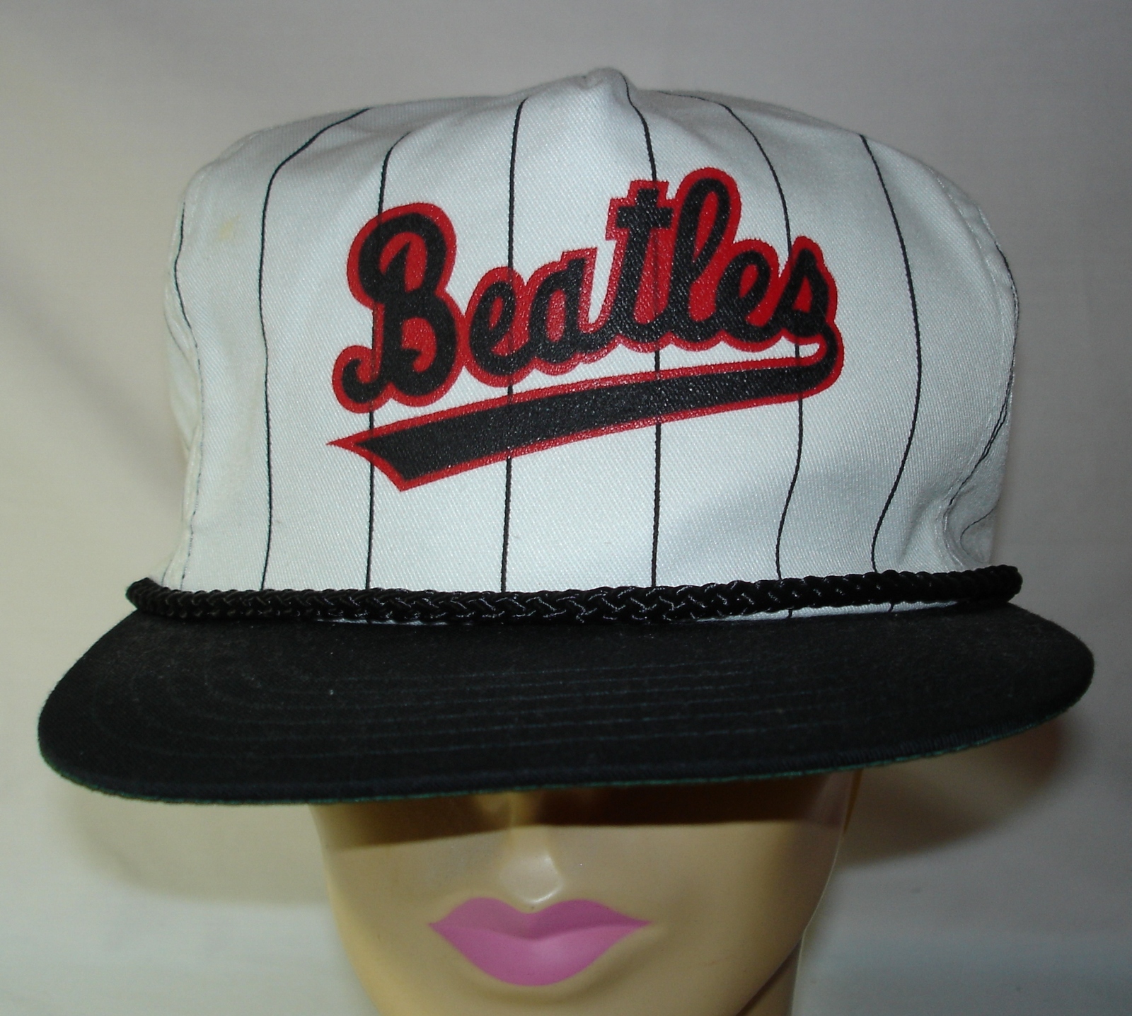Primary image for NEW The Beatles Baseball Cap, White w/Blue Pin Stripes