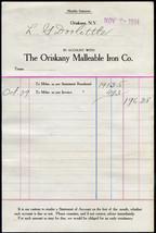 1914 ORISKANY MALLEABLE IRON CO NY Antique Letterhead Billhead Receipt S... - £5.49 GBP