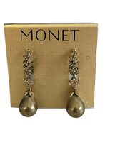 Signed Monet Gold Tone Drop Earrings Faux Pearl Dangle Rhinestone Leaf NWT - $27.00