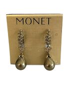 Signed Monet Gold Tone Drop Earrings Faux Pearl Dangle Rhinestone Leaf NWT - $27.00