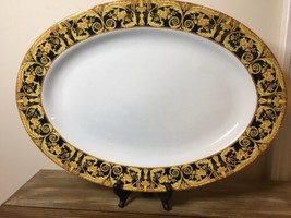 Vintage Valetta Black Serving Platter 14.25” Lynns China Black Yellow Scrolls - $7.99