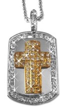 14K Gold &amp; Silver Plated Iced CZ Cross Pendant Dog Tag + 36&quot; Chain Necklace - £10.07 GBP