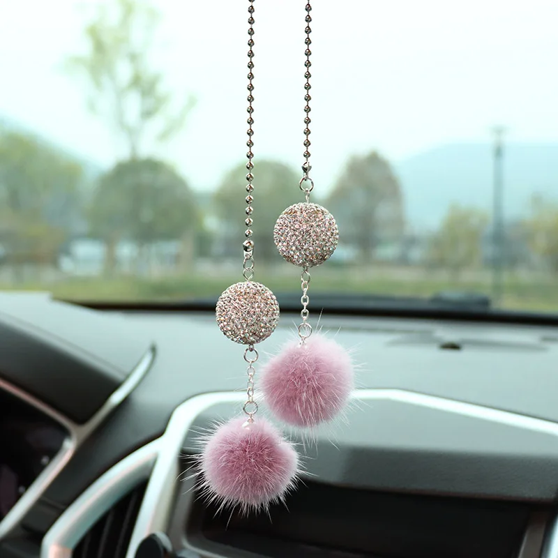 Crystal Diamond Ball Car Rearview Mirror Ornament Mink Ball Car Interior - $17.28