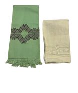 Vintage Embroidered Linen Towels Set Green Fringe &amp; Cream Guest Towels H... - $27.00