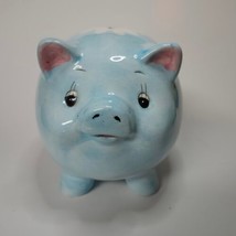 Ceramic Piggy Bank Aqua Pig White Flowers 7 in long 6 in wide 6 in tall - $19.90