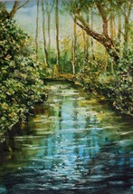 River Landscape Original Watercolor Painting Nature Paysage Woodland Forest Art - £95.92 GBP