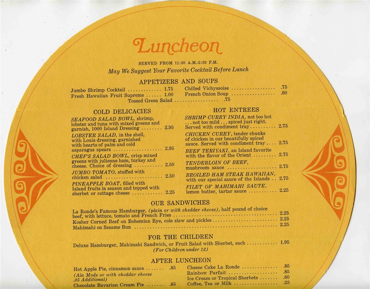 La Ronde Revolving Restaurant Menu Honolulu Hawaii 1970's Menus