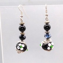 Dangling Black and White Art Glass Earrings Unique Lampwork Wedding Cake Vintage - £38.66 GBP