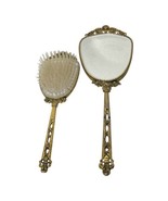 Antique Stylebuilt Gold Tone Vanity Set Mirror &amp; Brush Set Floral - $51.31 CAD