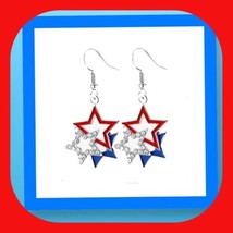 New Gorgeous Rhinestone Enamel Patriotic American Triple Star Earrings  - £6.01 GBP