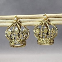 Vintage Rhinestones &amp; Faux Pearl Royal Crown Gold-tone Clip-on Earrings Studs - £19.46 GBP