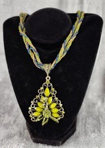 Womens Statement Necklace Green Blue Beaded Rope Peacock Rhinestone Pendant - £31.57 GBP