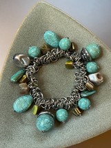 Silvertone Cluster Chain w Faux Turquoise Plastic Bead &amp; Light Green Seashell - £10.30 GBP