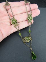 ESTATE SALE NECKLACE antique brass green ART DECO 17 1/4&quot; - $79.99
