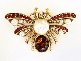 Vintage JOAN RIVERS Butterfly Pin Brooch Moth Bee Crystals Pearl 1990s Amber Red - £50.33 GBP