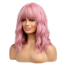 BERON 14 Inches Women Girls Short Curly Synthetic Wig with Bangs Lovely Pink - £12.65 GBP