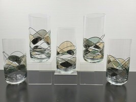 5 Artland Highball Glasses Set 6.25&quot; Black Lines Multi Colors Shapes Tumbler Lot - £38.82 GBP