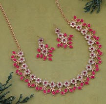 Bollywood Style Indian CZ Pink Choker Necklace Earrings Delicate Jewelry Set - £15.00 GBP