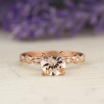 7mm 1.4Ct Morganite &amp; Moissanite Solitaire Engagement Ring 14K Rose Gold Plated - £85.69 GBP