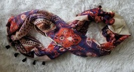 Infinity Scarf with Tassels Paisley Floral Sheer Tan Purple Red &amp; Blue 7... - £9.62 GBP