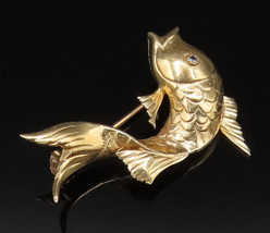 14K GOLD - Vintage Carved Fish With Blue Sapphire Eye Brooch Pin - GB171 - $384.20