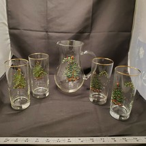 Spode Christmas Tree Holly Berry 10&quot; GLASS PITCHER w/ 4 Glasses - £41.91 GBP