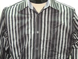 Mens MED Bugatchi Uomo Long Sleeve Shirt 100% Cotton black silver gray Stripes - £24.76 GBP