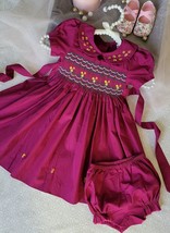 Burgundy Hand-Smocked Embroidered Baby Girl Dress / Girls Formal Smockin... - £30.89 GBP