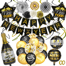 2022 Black Gold Happy New Years Eve Decorations Set Latex Balloons Tissu... - £19.66 GBP