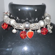 Vintage Fashion Silver Art Deco Angels and Red Hearts Charm Bracelet - 8 inches - $8.59