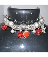 Vintage Fashion Silver Art Deco Angels and Red Hearts Charm Bracelet - 8... - $8.59