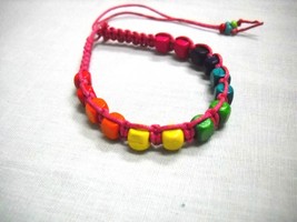 HOT PINK WEAVE w COLORFUL WOOD BEADS BLUE GREEN PURPLE TIE BRACELET OR A... - $91.40 MXN