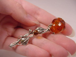 (P-736) Orange Roses Bud Amber Poland .925 Sterling Silver Lapel Pin Brooch - £47.50 GBP