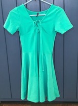 Lace Up Neckline Fit And Flare Green Dress Size Small Textured Fabric Re... - £7.82 GBP