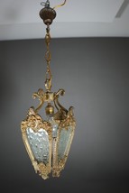 Antique Victorian Ornate Brass Pebbled Glass Ceiling Lantern Pendant Lamp - $396.00