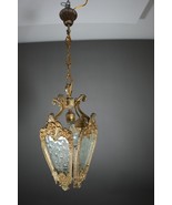 Antique Victorian Ornate Brass Pebbled Glass Ceiling Lantern Pendant Lamp - $396.00