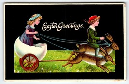 Easter Postcard Fantasy Rabbits Children Ride Egg Cart Buggy Gel Germany Vintage - £33.50 GBP